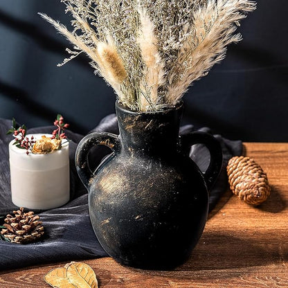 Rustic Ceramic Farmhouse Flower Vase with 2 Handles, Whitewashed Terra Cotta Vase, Decorative Pottery Flower for Home Decor, Table, Living Room, Shelf Decor, 7.3 Inch, Bronze