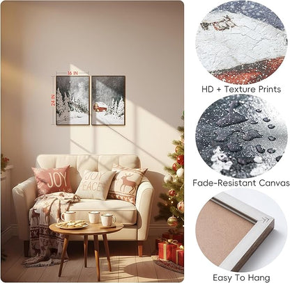 ArtbyHannah Framed Christmas Canvas Wall Art Decor Set of 2, Large Xmas Pictures Prints Paintings for Living Room Bedroom, Winter Holiday Home Indoor Decorations with Red House and Tree (16x24 Inch)