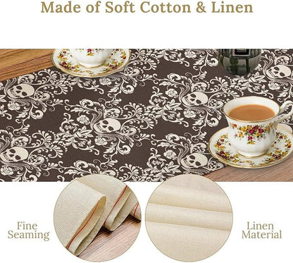Vintage Gothic Table Runner, Retro Baroque Luxury Dark Skull Day of Death Witchy Coffee Table Center Decor for Home Kitchen Dining Patio Holiday Party Table Decorations 13x90 inches