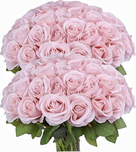 50pcs Roses Artificial Flowers Real Touch Fake Flowers with Long Stems Silk Flowers for Wedding Bouquet Centerpices Decorations Party Bridal Baby Shower Home Decor (Dusty Pink)