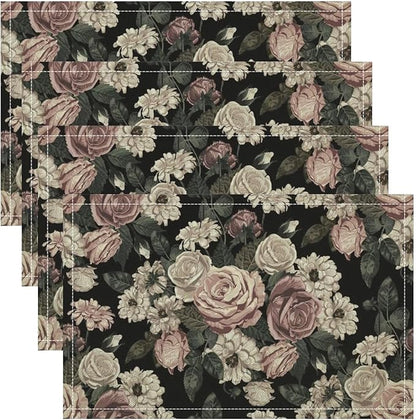 Floral Placemats Set of 6, 17x12 Inch Vintage White Pink Rose Flower Spring Plant Boho Art Print Table Mats for Home Party Kitchen Dining Decor