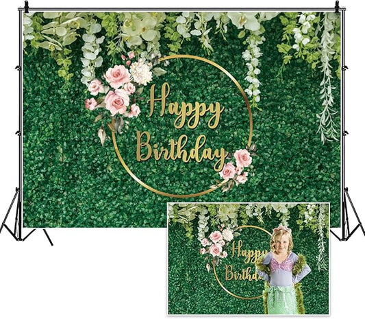 12x8ft Happy Birthday Backdrop Green Grass Flowers Wall Greenery Green Leaves Nature Botanical Photography Background Birthday Party Anniversary Portrait Studio Photo Props Polyester