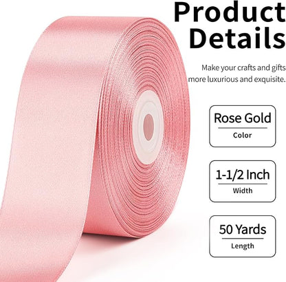 1-1/2 Inch Wide Rose Gold Satin Ribbon, 50 Yards Solid Polyester Fabric Ribbon for Roses Making, Gift Wrapping, Christmas, Wedding Decorations, Crafts, Bows