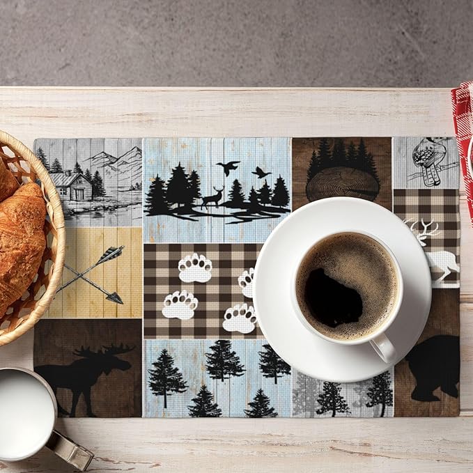 Rustic Lodge Bear Deer Placemats 6 Pcs,Vintage Cabin Pine Cone Plaid Place Mats,Linen Dining Table Mats Home Kitchen Decor, 18 X 12 Inch 6 PCS, Style-22