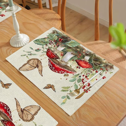 Mushroom Botanical Placemats Set of 4 Mushroom Plants Leaves Butterfly Place Mats Botanic Waterproof Washable Table Mats Kitchen Dining Decoration 4 PCS