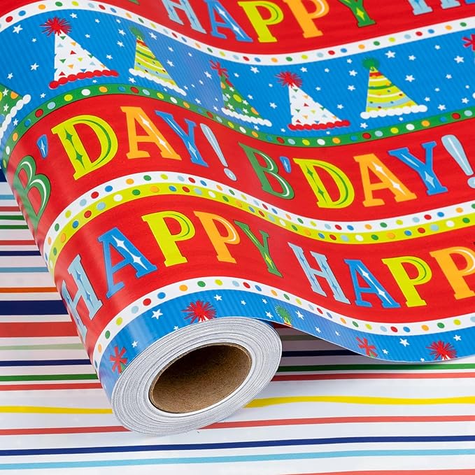 Afucus Reversible Birthday Wrapping Paper, Colorful Birthday Hats and Stripes Themed Gift Wrapping Paper, Cute Mini Rolls for Boys Girls Kids Men and Women, Party, Baby Shower (17 Inch X 33 Feet)