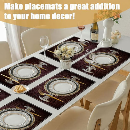 American Football Placemats Set of 6, Sport Ball Lover Linen Place Mat Washable Stain Resistant Table Mats for Farmhouse Kitchen Dining Party Wedding Decor 12x18 Inch