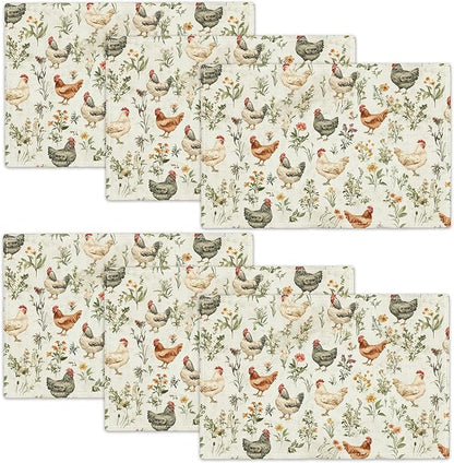 Farmhouse Rooster Placemats Set of 6, Rustic Chicken Place Mats, Country Flowers Dining Table Mats, Washable Placemats for Kitchen Dining Room Home Decor 18L'' × 12W''