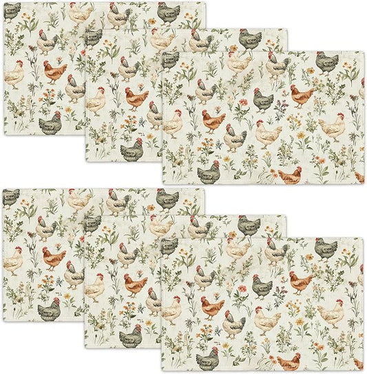 Farmhouse Rooster Placemats Set of 6, Rustic Chicken Place Mats, Country Flowers Dining Table Mats, Washable Placemats for Kitchen Dining Room Home Decor 18L'' × 12W''