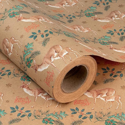 WRAPAHOLIC 30 Inch Kraft Christmas Wrapping Paper - 30 Inch x 33 Feet - Reindeer Wrapping Paper with Holly Design for Christmas, Holiday, Party Celebration