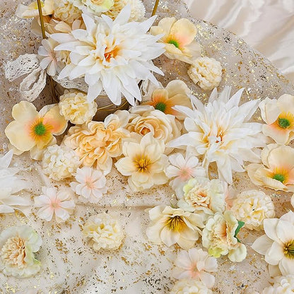 56 Pcs Champagne Artificial Flower Bulk, Fake Flower Heads for Crafts - Faux Mini Fabric Rose Daisy Hydrangea Carnation Mix for DIY Wedding Bouquets Garland Hair Cap Cake Party Home Decoration