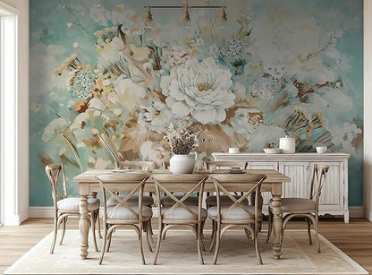 Vintage Floral Wall Mural – Large White Peony Bloom on Blue Background, Removable Peel and Stick Wallpaper for Dining Room, Living Room, or Bedroom Decor