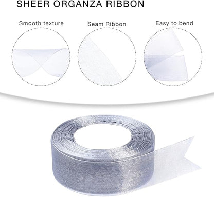 1.5 inch Sheer Organza Ribbon Silver Chiffon Ribbon for Gift Wrapping Christmas Halloween Decoration Wedding Bouquet Crafts 50 Yards