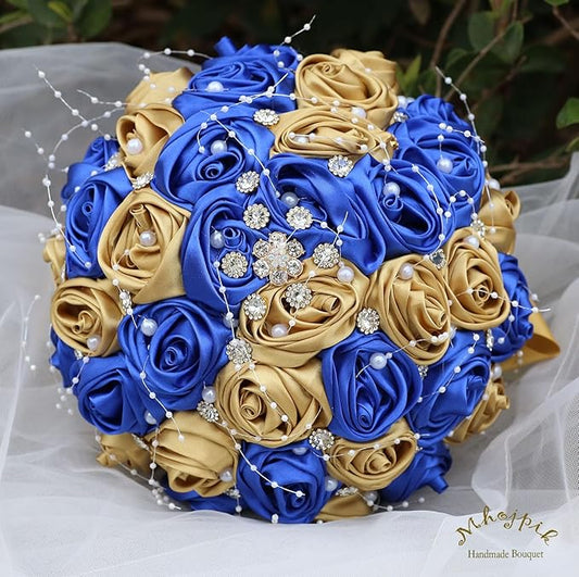 Bridal Wedding Bouquet Round Bling Brooch Bouquet Throw Toss Artificial Rose Flower Bunch for Bride Bridesmaid Wedding Quinceanera(Royal Blue & Gold, 8.7")
