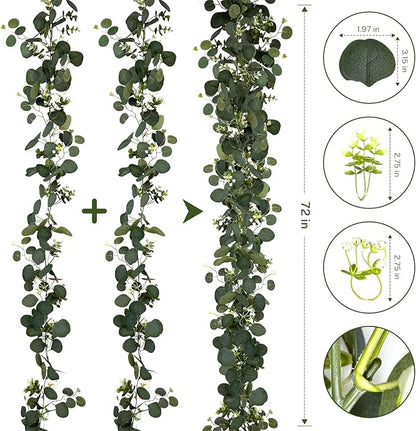 6Pcs Eucalyptus Garland, 6FT Green Flower Garland Decor, Artificial Faux Eucalyptus Leaves Greenery Vines for Table Runner Wedding Bedroom Mantle Centerpieces Backdrop Decorations