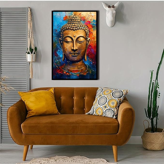 Golden Serenity Buddha Vintage Painting Wall Art Spirituality and Modern Art Wall Decor Adds Brilliance to Vibrant Home Decor 16x24in Metal blackFramed