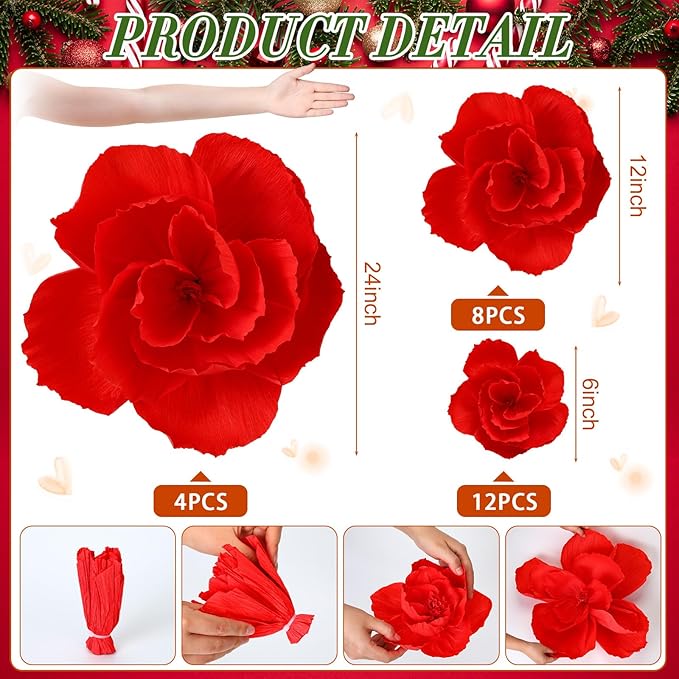 Giant Paper Flowers Artificial Large Paper Flower Decoration for Handcrafted Wall Backdrop Christmas Mexican Wedding Graduation Bridal Shower Birthday Party Supplies(Red,24 Pcs)