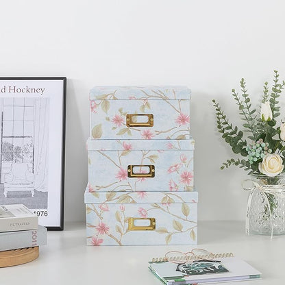 Soul & Lane Decorative Cardboard Storage Boxes - Set of 3 Square Stacking Boxes with Lids and Gold Label Holders, Nesting Photo Storage for Decor and Organizing, Pale Blue