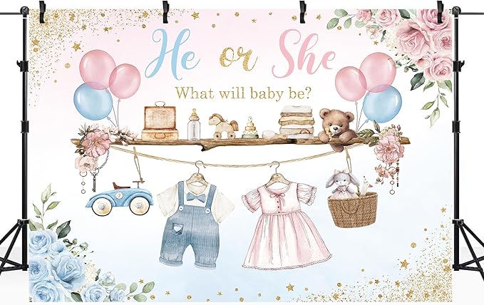 Riyidecor Gender Reveal Backdrop Polyester Fabric He or She Pink Blue What Will Baby Be Baby Shower 7Wx5H Feet Boho Watercolor Floral Flower Balloons Photography Background Newborn Photo Studio Shoot