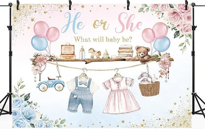Riyidecor Gender Reveal Backdrop Polyester Fabric He or She Pink Blue What Will Baby Be Baby Shower 7Wx5H Feet Boho Watercolor Floral Flower Balloons Photography Background Newborn Photo Studio Shoot