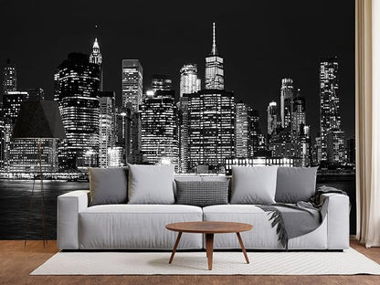 Black City Wallpaper Peel and Stick New York Night Scene Self Adhesive Wall Mural for Living Room Bedroom 137"x100"