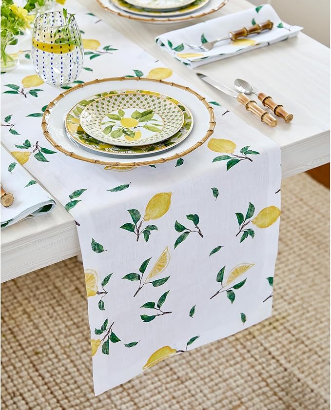 Solino Home Lemon Print Table Runner 90 Inches Long - 100% Pure Linen Table Runner 14 x 90 Inch - Machine Washable - Botanical Lemon/White Print