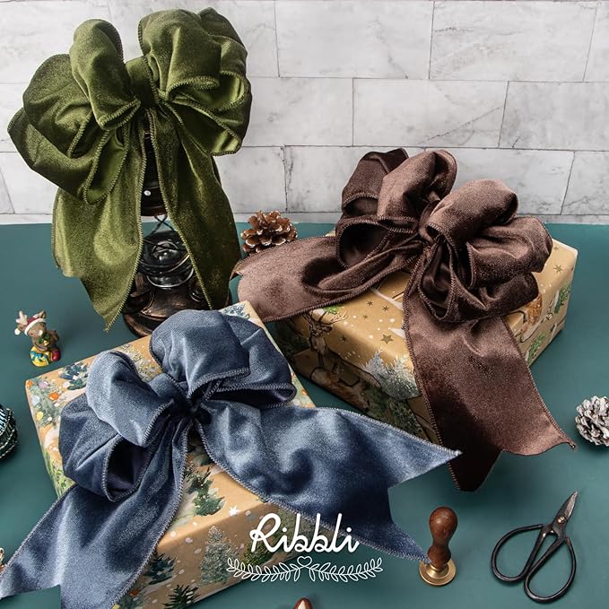 Ribbli Moss Green Velvet Wired Ribbon 4 Inch Velvet with Satin Christmas Ribbon for Gift Wrapping Christmas Tree Decoration Crafts Wreaths Supplies-Continuous 10 Yards