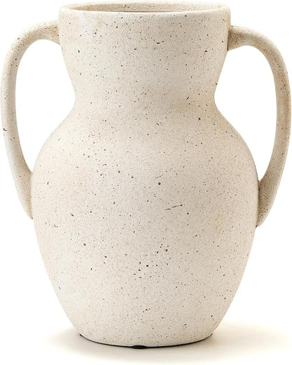 White Ceramic Rustic Vase with 2 Handles, Farmhouse Round Flower Vase, Vintage Terracotta Vases for Home Decor, Wedding, Living Room, Table, Shelf Decor - 8.6 Inch Tall, Speckled White