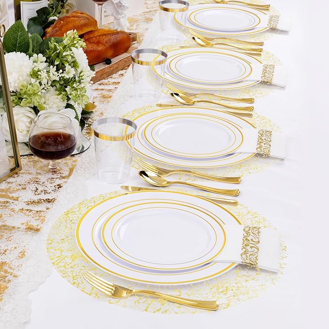 Hysenm 50 Pcs Disposable Gold Placemats Set Metallic 13 Inch Round Table Doilies, Ultra-Thin Messy Lines Disposable Placement Mats for Home Decoration Dining Table Wedding Birthday Party