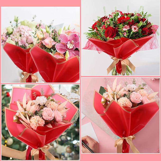 Yahenda 420 Sheet Flower Wrapping Papers Flower Bouquet Paper with Gold Edge Korean Style Bouquet Wrapping for Floral Supplies Wedding Anniversary DIY Gifts, 23 x 23 Inch(Red)