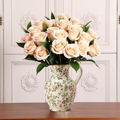 SIDUCAL Ceramic Vase with Handle, Vintage Vase, Chinoiserie Floral Vase for Home Decor, Table, Living Room, Shelf, Christmas Decoration (Green and Beige)