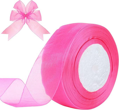 1-1/2 Inch x 50 Yards Sheer Organza Ribbon Chiffon Ribbon for Gift Wedding Flower Bouquet Wrapping Decorations Crafts (Hot Pink)