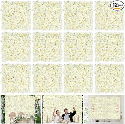 Ivory Backdrop Flowers Wall Panels: 12 Pcs 15 x 15 Inch Floral Backdrop Artificial Flower Wall Decor for Baby Shower Wedding Photo Background Decoration (3.75ft by 5ft)