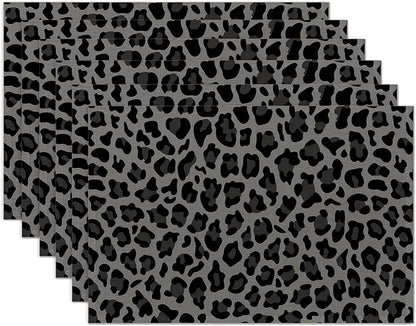 Gray and Black Leopard Placemats Set of 6 Washable Table Mats for Kitchen Dining Table,Heat-Resistant Place Mats for Indoor Outdoor Party Holiday Decoration