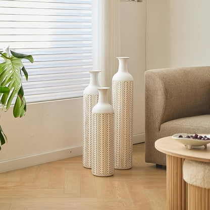 Floor Oversized Gold Metal Decorative Vase with 3D Triangle Pattern Set of 3 Large Vases for Home Living Room 33.5 ", 29.5 ", 25.2" High (Vintage White)