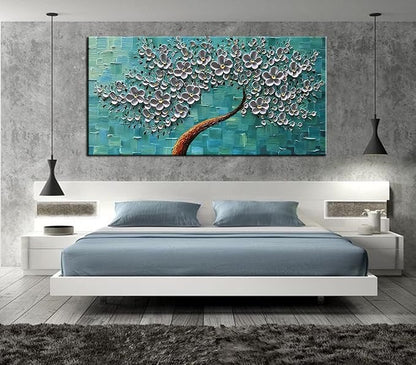 YaSheng Art - 100% hand painted Flower Art Oil Painting On Canvas Texture Silver Flowers Tree Paintings Modern Home Bedroom, Dining Room, Decor Wall Art 3D Abstract Artwork Paintings 20x40inch