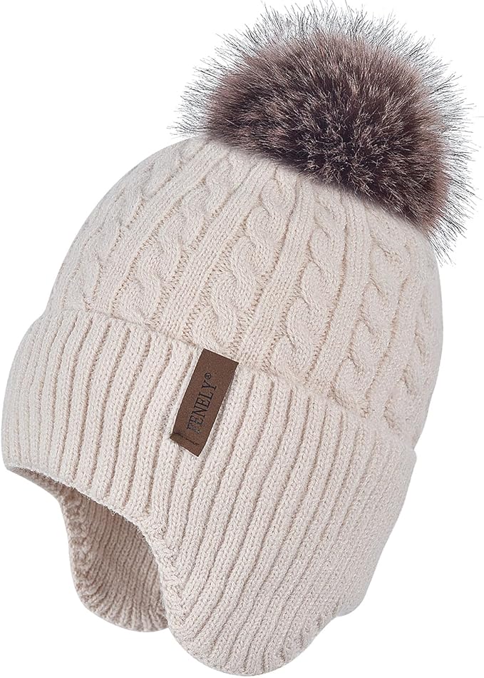 FENELY Women's Knitted Warm Beanie Winter Hat, Warm Chunky Snow Hat with Pompom