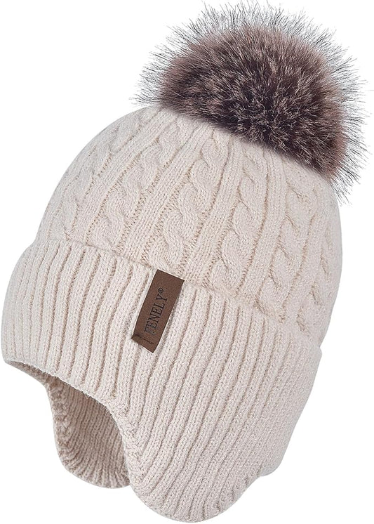 FENELY Women's Knitted Warm Beanie Winter Hat, Warm Chunky Snow Hat with Pompom