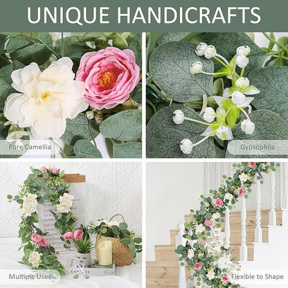 TOCHGREEN 2 Pack 13Ft Artificial Eucalyptus Flower Garland with Pink Roses White Flowers, Fake Rose Flower Greenery Garland Floral Vines for Wedding Home Party Table Runner Decor (White Pink, 2PCS)