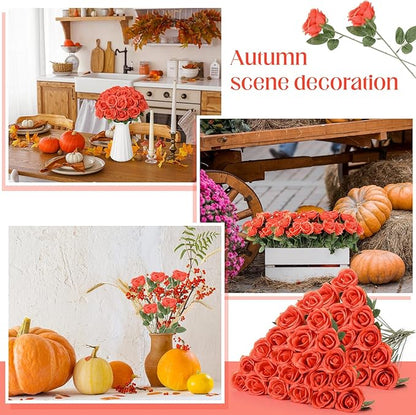 Jexine 60 PCS Artificial Roses Bulk Silk Flowers with Long Stems, Realistic Faux Rose Bouquet for Wedding Centerpieces, Valentine’s Party, Home Decor(Orange)