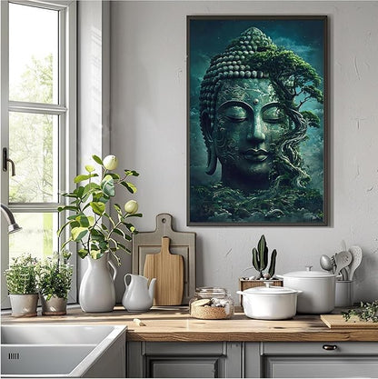 Buddha statue wall art canvas wall decor aesthetic picture mystical nature art for tranquil home and spiritual space 8x12in Metal blackFramed