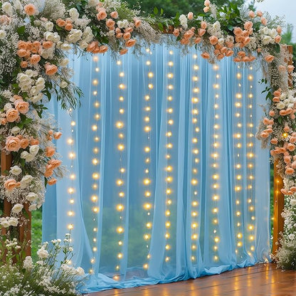30×10ft Blue Tulle Backdrop Curtain with Lights String for Parties, Sheer Photo Backdrop Curtains for Wedding Party Photography Background