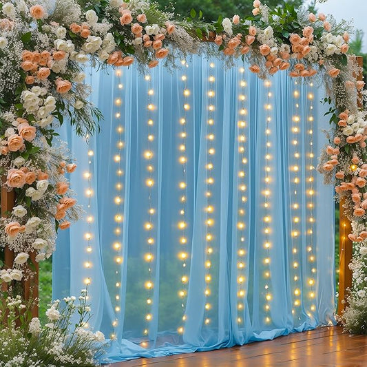 30×10ft Blue Tulle Backdrop Curtain with Lights String for Parties, Sheer Photo Backdrop Curtains for Wedding Party Photography Background
