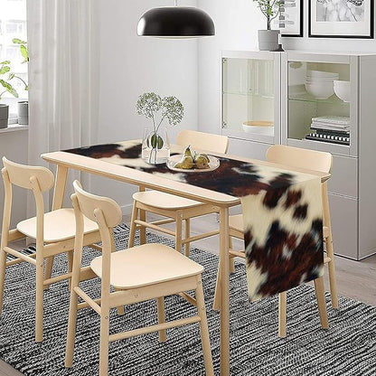 Cow Skin Print Table Runner, Vintage Cottage Country Animal Fur Skin Pattern Western Style Farmhouse Black Brown Cowhide Print Dinner Runner Home Kitchen Dining Table 13x60in