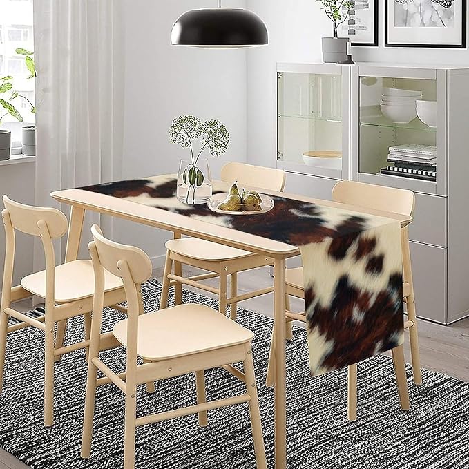 Cow Skin Print Table Runner, Vintage Cottage Country Animal Fur Skin Pattern Western Style Farmhouse Black Brown Cowhide Print Dinner Runner Home Kitchen Dining Table 13x120in