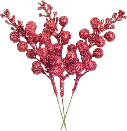 Lvydec 16pcs Christmas Glitter Berries Stems Clearance, 7.8" Artificial Christmas Picks for Christmas Tree Ornaments, DIY Xmas Wreath, Crafts, Holiday and Home Decor (Red)