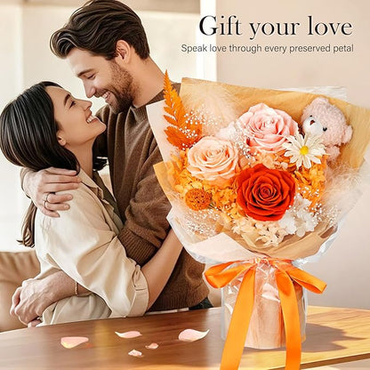 Preserved Flowers Bouquet with Bear, 3 Real Forever Flowers for Delivery, Long-Lasting Orange Eteranl Roses Bouquet Birthday Gifts for Women, Mother, Wife, Her