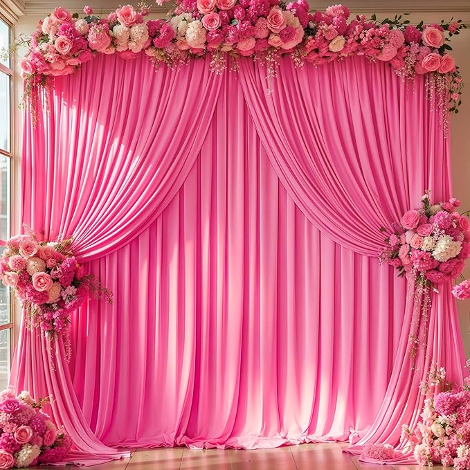 Hot Pink Backdrop Curtain 10 Panels-Wrinkle-Free Polyester Photography Drapes for Wedding Party Photo Background Decorations- 40 X10FT