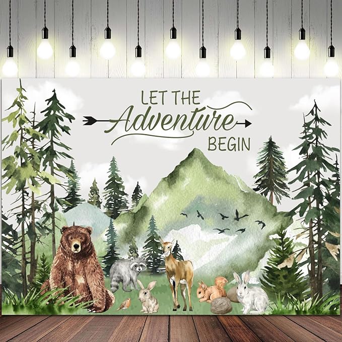 6x4ft Baby Shower Backdrop Mountain Forest Wild Animal Photography Background Cartoon Bear Woodland Green Trees White Cloud Birthday Party Banner Decorations Gender Reveal Photo Booth Prop