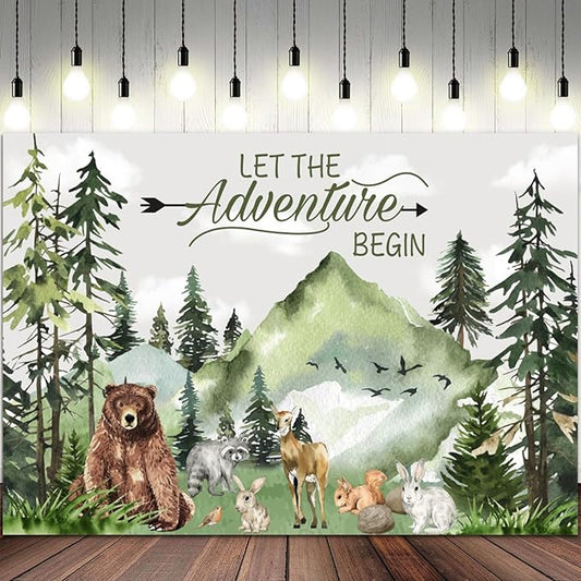 15x8ft Baby Shower Backdrop Mountain Forest Wild Animal Photography Background Cartoon Bear Woodland Green Trees White Cloud Birthday Party Banner Decorations Gender Reveal Photo Booth Prop